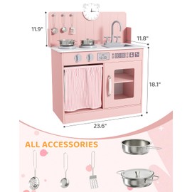 MAMIZO Play Kitchen for Toddlers, Wooden Kids Toy Kitchen Playset with Smart Storage, Ultimate Interactive, Simulated Gas Cooker, Sink & Faucet, 6 Pcs Cookware & Educational Clock (Pink)