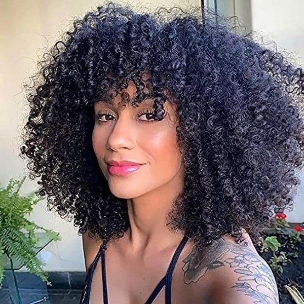 PORSMEER black afro curly wig with bangs for black women short afro kinky curly hair synthetic wig heat resistant full wigs 14 inch