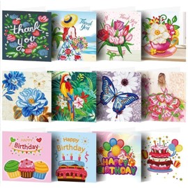 SOONHUA 12 Pieces Birthday Cards 5D DIY Diamond Painting Drill Greeting Thank You Cards Creative Greeting Card, 11.8 x 5.9 Inch (HKDZ04)