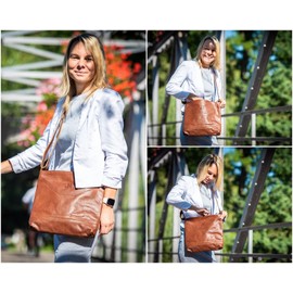 LECONI LE0066 Women's Shoulder Bag Natural Soft Leather Handbag 32 x 28 x 5 cm, brown