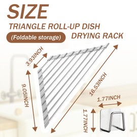 WOKNOW Triangle Roll-Up Dish Drying Rack and Sponge Holder for Kitchen Sink - Foldable Stainless Steel Dish Drying Rack for Sink Corners, Multipurpose Over The Sink Kitchen Drainer, Save Space