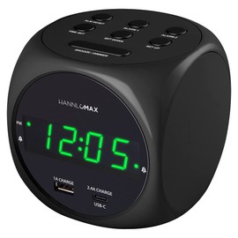 HANNLOMAX HX-702C Digital Clock with Dual Alarm, 0.7" Green LED Display. Dual USB Ports (USB-A & Type-C) for Charging, AC Operation only. (Black)
