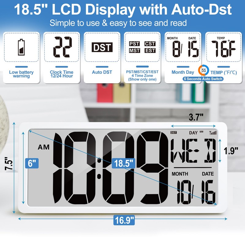 18.5" Extra Large Amotic Digital Wall Clock Battery Operated Atomic