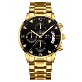 DREAMING Q&P Gold Stainless Steel Men's Wrist Watches Analog Quartz Black Military Chronograph Mutifunctional Crystal Wristwatch for Man with Date Calendar