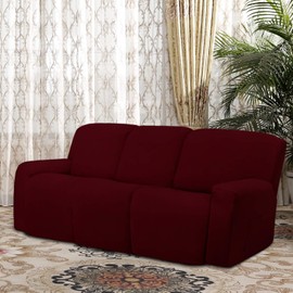 Easy-Going 8 Pieces Microfiber Stretch Sectional Recliner Sofa Slipcover Soft Fitted Fleece 3 Seats Couch Cover Washable Furniture Protector with Elasticity for Kids Pet(Recliner Sofa, Wine)