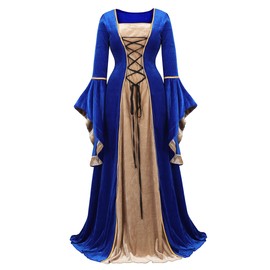 Parlsdy Renaissance Costume Women Velvet Irish Dress Medieval Witch Costumes Victorian Faire Costumes Blue-S