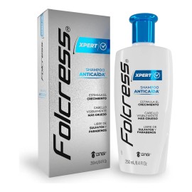 Folcress Xpert Shampoo anticaída hombre - Sin sulfatos ni parabenos, shampoo folcress para caída de cabello, uso diario, cabello visiblemente grueso - 250 ml