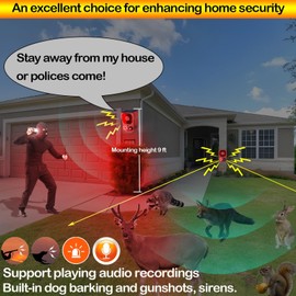 Paipaimeiren Solar Motion Sensor Alarm Outdoor - Dog Barking, Gunshot & Siren Sounds for Outdoor & Indoor. 130db Loud Noise Maker. Strobe Light. Say Goodbye to Intruders