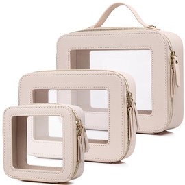 Pinkmik Clear Makeup Bag Waterproof Travel Case for Cosmetics and Toiletries Women's Purse Organizer and Clear Car Bag with Zipper (Beige, L+M+MINI)