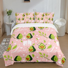 AILONEN Kawaii Avocado Duvet Cover Set Twin Size,Pink Love Cute Avocado Bedding Set for Kids Women,Fruit Printed Girls Pink Comforter Cover and 2 Pillowcases for Room Decor,3 Pieces