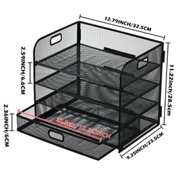 YFEEN 4 Tier Paper Organizer File Sorter Organizer with Drawer and Pen Holders,Mesh Office Desk Organizer for Letter,Document,File Organizer for Office,Home or School-Black
