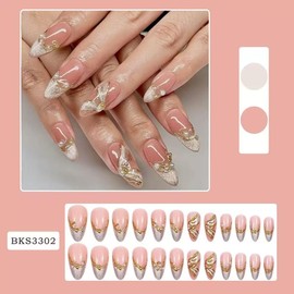 Glitter French Tip Press on Nails Gold Irregular Pattern Fake Nails with Pearl Design Long Almond False Acrylic Nail Glossy Full Cover Artificial Glue on Nail for Women DIY Manicure 24 Pcs