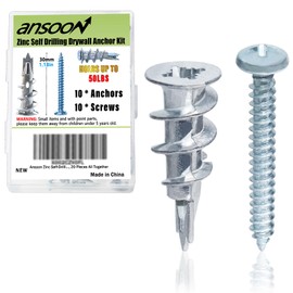 Ansoon #8 Metal Zinc Self-Drilling Drywall Anchors, Hollow Metal Wall Anchors and Screws Kit, 10 Heavy Duty Anchors + 10#8 x 1-1/4'' Screws for Hanging and Mounting， 20 Pieces All Together