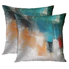 Emvency Set of 2 Throw Pillow Cover Canvas Colors Shading on Acrylic Painting Red Orange Blue and Turquoise Contemporary Mix Media Decorative Pillow Case Home Decor Square 20x20 Inches Pillowcase