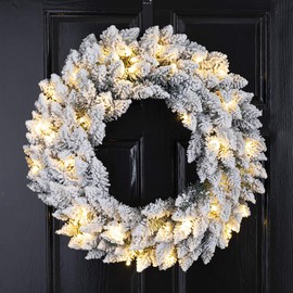 Glitzhome 24" D Pre-Lit Snow Flocked Christmas Wreath with Warm White LED Lights and Timer Artificial Decoration Wreath for Front Door Wall Window Indoor Outdoor Christmas Decorations