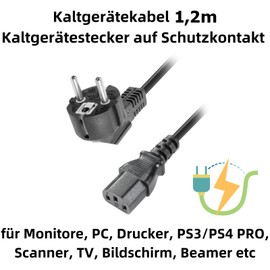 Q43C IEC Cable 1.2m - Universal Power Cord 3 Pin Schuko Plug to IEC 60320 C13 for PC, Monitor, Notebook and Other Devices