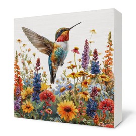 Nvotell Hummingbird Decor Wooden Box Sign, Hummingbird Decor for Home, Spring Summer Hummingbird Colorful Flowers Wood Block Signs for Home Garden Patio Backyard Desk Table Shelf Decor, 5x5 Inch