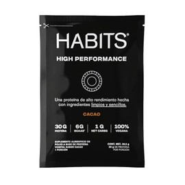 HABITS BY NOT A FANCY KITCHEN | High Performance | Proteína Vegetal en polvo |Sabor Cacao | 15 sobres Cont. Net 38.5 g | 30 g de Proteína Por Porción | Sin Azúcares Añadidos | 6g de BCAAS, 1.5 g Carbs, No GMO