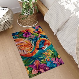 Plistiz Flamingo Tropical Floral Indoor Door Mat, 17x29.5 Inch, Floor Area Rug for Entryway, Living Room, or Bathroom, Non-Slip Doormat, Vibrant Orange and Pink Flamingo Design Home Decor Rug Gifts