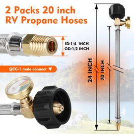 20 Inch RV Propane Hose with Gauge, 2 Pack RV lp Gas Propane Hose Replacement for Two-Stage Regulator, Stainless Steel Braided with 1/4" Male NPT & QCC Type1 Inlet (20in)