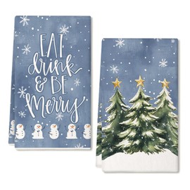 Green Christmas Tree Kitchen Towels Set of 2,Snowman Snowflake Star Dish Towels 18x26 Inch Drying Dishcloth,Farmhouse Nobel Home Decoration AD406