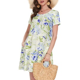 elescat Tshirt Dress Women Summer Pockets Sundresses Plus Size Flowy Cotton Beach Dresses (White Purple Floral, 2XL)