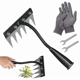 Carbon Steel Garden Weeding Rake, Heavy Duty Metal Weeding Rake with Wrench and Gloves for Garden Weeding, Loosening Soil, Gathering Leaves, Leveling Lawns (6-Teeth)