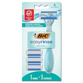 BIC EasyRinse - Maquinillas de afeitar antiobstrucción y recargables para mujer con 4 cuchillas, 1 mango de afeitar y 3 cartuchos de afeitar de repues