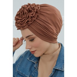 Instant Turban 95% Cotton Scarf Head Wrap Scarfs For Women Hat Rose Detail Caramel Brown