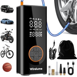 Cordless Tyre Inflator Portable Air Compressor Digital Car Tire Pump DC 12V 150 PSI Electric Air Pump for Vehicle Tyres/Bike/Inflatables with Preset and Auto Shutoff Function/ 4 Nozzles/LED Light