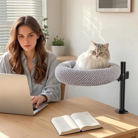 Cat Desk Bed for Indoor Cats - Adjustable Height & 360° Rotating Sturdy Cat Furniture, Supports 44 lbs, Space-Saving Modern Perch/Nest for Home Office, Easy Assembly Elevated Pet Bed