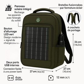 10W Solar Backpack, Built-in Panel, 5V USB Port, Waterproof, Hiking Charger for Phone, Unisex, Camping, Trekking (Army Green, Small)
