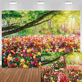 Bovlleetd 7x5ft Spring Scenery Photo Backdrop Greenery Tree Watercolor Florals Field Background for Photography Nature Garden Scenic Wallpaper Outdoor Valentine's Day Photo Studio Props Vinyl