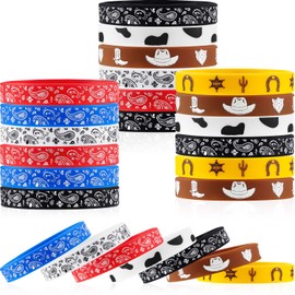 Western Party Bracelets Cowboy Rubber Bracelets Silicone Stretch Wristbands for Western Themed Parties Boys Girls Birthday Parties (35 Pieces)