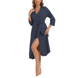Women Kimono Robes Long Knit Bathrobe Lightweight Soft Knit Sleepwear V-neck Casual Ladies Loungewear Navyblue XL