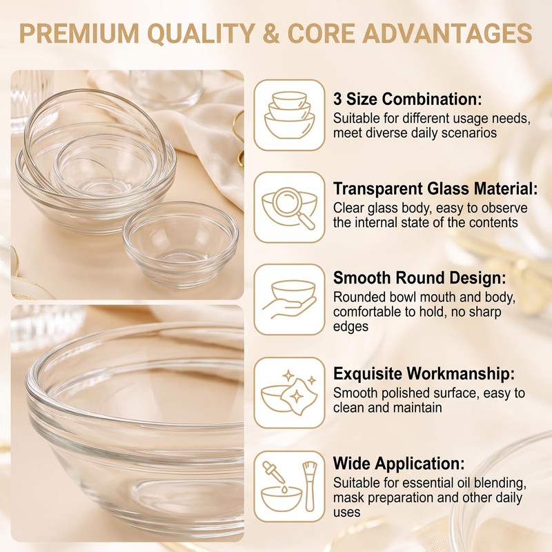 3 Pcs 3 Sizes Clear Glass Reusable Cosmetic Mask Mixing