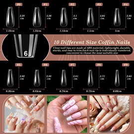 600PCS Clear Coffin Nail Tips and 240PCS Short Press On Nails Set, Clear Acrylic Nail Tips with Glue, Nail Art Brushes and Nail Display Stand, Nail Tips for Salons and Home DIY Nail Art