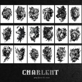 CHARLENT 18 Pieces Realistic Temporary Tattoos in Tiger, Bear, Lion and Wolf Style, Black, Animal Tattoo Stickers for Men, Women and Adults, Body Art for Arms, Chest and Shoulders