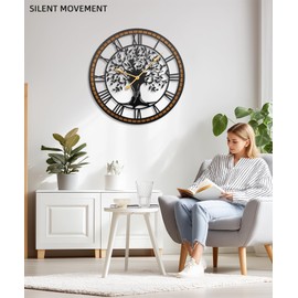 Axioglo 24”Large Wall Clock,Silent Tree of Life Wall Clocks – Non-Ticking Battery Operated Decorative Metal Clock with Wood Frame for Living Room, Kitchen, Bedroom, or Office Wall Decor