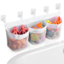 CIGTSICO Bath Toy Storage Bag, Bath Toy Storage with 3 Compartments, Bath Toy Storage and Sorting, Plenty of Space of Toys for Baths (White)