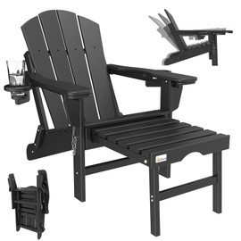 Mdeam 3-Level Adjustable Adirondack Chair with Retractable Ottoman, HDPE All-Weather Folding Fire Pit Chair with 2 Cup Holders, Outdoor Chair for Deck Patio Garden Backyard Lawn (Black)