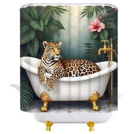 JEJOMEAG Leopard Cheetah Shower Curtain Wildlife in Bathtub Funny Animals Powerful Big Cat Fabric Bathroom Decor Curtain with Hooks, 70Wx70H