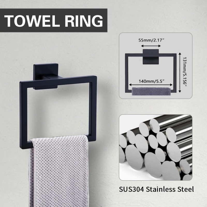 JEBUTAR Matte Black Bathroom Accessories Set, 5-Piece SUS304 Stainless Steel