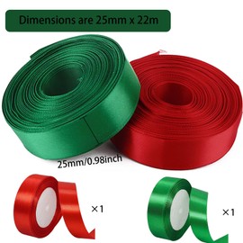 Christmas Ribbon, Satin Ribbon, Set of 2 Rolls, 22 m x 25 mm, Satin Gift Ribbon, Silk Ribbons for Crafts, Decorative Ribbon for Gift Wrapping, Christmas, Wedding, Valentine's Day, New Year