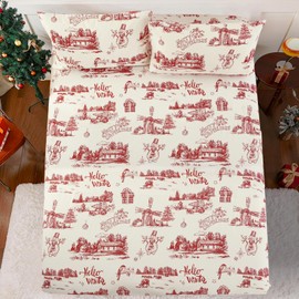 Christmas Fitted Sheet Double Christmas Tree Bed Sheet Easy Care and Soft Microfiber Fitted Sheet Extra Deep 35cm with 2 Pillowcases (135x190+35cm, Red)