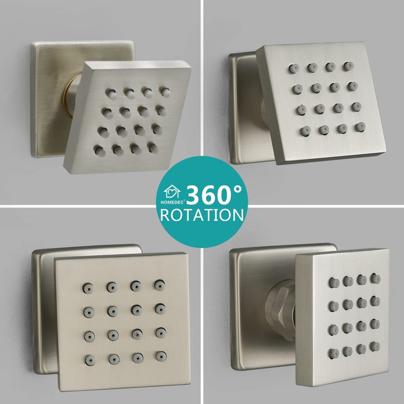 HOMEDEC Brushed Nickel Square Brass Shower Body Sprayer Wall Jet,