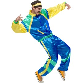 AUTOWT 70s 80s Shell Suit, Men Women Fancy Long Sleeve Tracksuit, Retro Color Block Hip Hop Windbreaker Disco Costume for Mardi Gras Rock Festivals Carnival Parties (Blue, XXL)