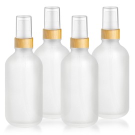 DMuuuDM 4-Pack 4 Oz Glass Spray Bottle with Bamboo Lid,Empty Refillable Fine Mist Atomizer,Leak-Proof Travel Liquid Holder Container for Cologne,Essential Oils,Room Sprays,Cleaning Solutions (Frosted)