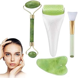 Moon & Back Juego de Belleza con Rodillo de Jade, Gua Sha, Rodillo de Hielo, Cepillo de Mascarilla Facial; Roller de Skincare para Masaje de Rostro, Ojos y Cuidado de la Piel Antiarrugas