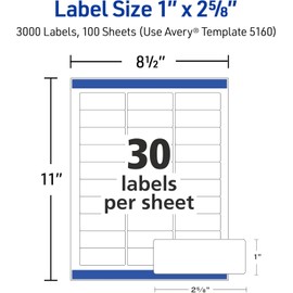 Avery Easy Peel Return Address Labels, 1" X 2-5/8" - 22,500 Blank White Mailing Labels for Shipping, Printing and More (5160)